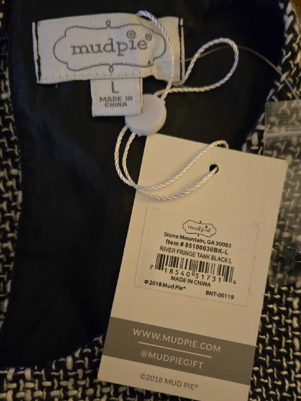Mud Pie Black & White Tweed 2 Row Fringe Hem Sleeveless Top Fully Lined Sz L NEW - Picture 5 of 8